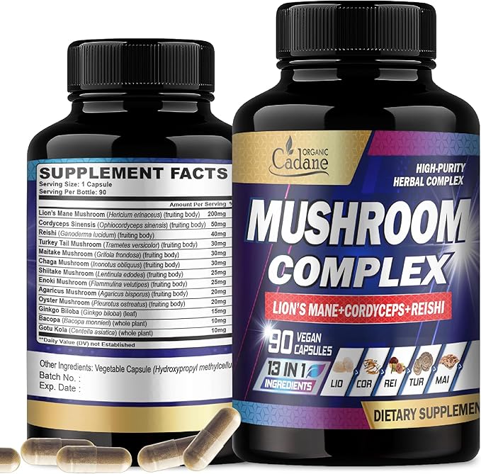 Organic Cadane Mushroom Complex Supplements - Brain Health, Immune System, Memory & Energy Production - 13in1 with Lions Mane Mushroom, Bacopa, Reishi & More - 90 Vegan Capsules