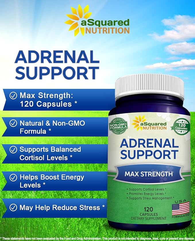 aSquared Nutrition Adrenal Support & Cortisol Manager Supplement (120 Capsules)-Adrenal Health w/Vitamin C Complex Pills to Support Fatigue & Stress Relief-Ashwagandha, L-Tyrosine, Rhodiola & Ginseng