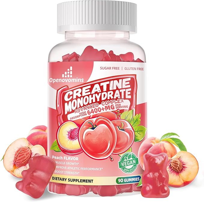 Creatine Monohydrate Gummies Complex for Men & Women -Advanced Formula W/L-Taurine + Vitamin B12, Sugar Free Chewable Supplement,90 Peach Gummies