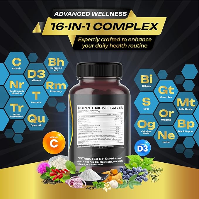 NAD+ Boosting Trans-Resveratrol Turmeric Quercetin Rosemary Bilberry Sage Green Tea Oregano Nettle Milk Thistle Black Pepper -150 Capsules- Made in USA