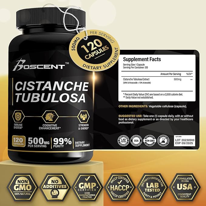 Premium Cistanche Tubulosa Extract 500mg (120 Capsules) - 50% Echinacosides,10% Acteosides - Natural Nootropic for Stamina, Immunity and Memory - No Fillers, Hormone Balance - Strength Booster for Men