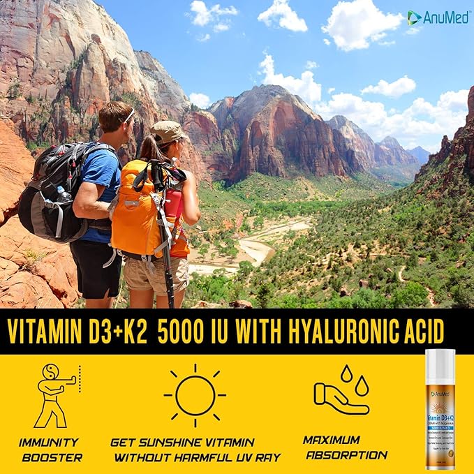 AnuMed Vitamin D3 K2 5,000 IU Cream with Magnesium, Hyaluronic Acid, Vitamin E. Best Moisturizer for Dry Skin. Promotes The Immune System, Strong Bones, Muscles, and Joints (Packaging May Vary) (3oz)