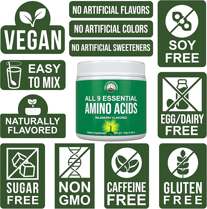 All 9 Essential Amino Acids Powder with 26 Clinical Studies. EAAs 32X Effective vs BCAA/BCAAS Branched Chain Aminos. Pre or Post Workout EAA Supplement. Perfect for Energy, Muscle Growth. Wildberry