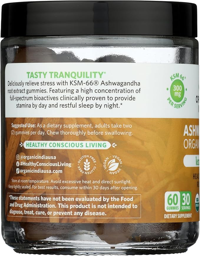 ORGANIC INDIA Ashwagandha Gummies for Men & Women - Stress Supplement, KSM-66 Ashwagandha Root, Extra Strength, Calm Chews, Vegan, Non-GMO - Lemon Lime, 60 Gummies
