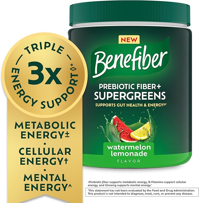 Benefiber Prebiotic Fiber + Supergreens Dietary Supplement Powder, Watermelon Lemonade Flavor, 8.8 oz (250g), 25 Day Supply