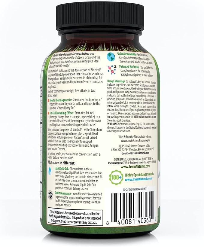 Irwin Naturals Thermo-Burn Stubborn Fat Metabolizer - 60 Liquid Soft-Gels - Combines Green Tea Extract (EGCG), MCT Oil & Caffeine - 20 Servings