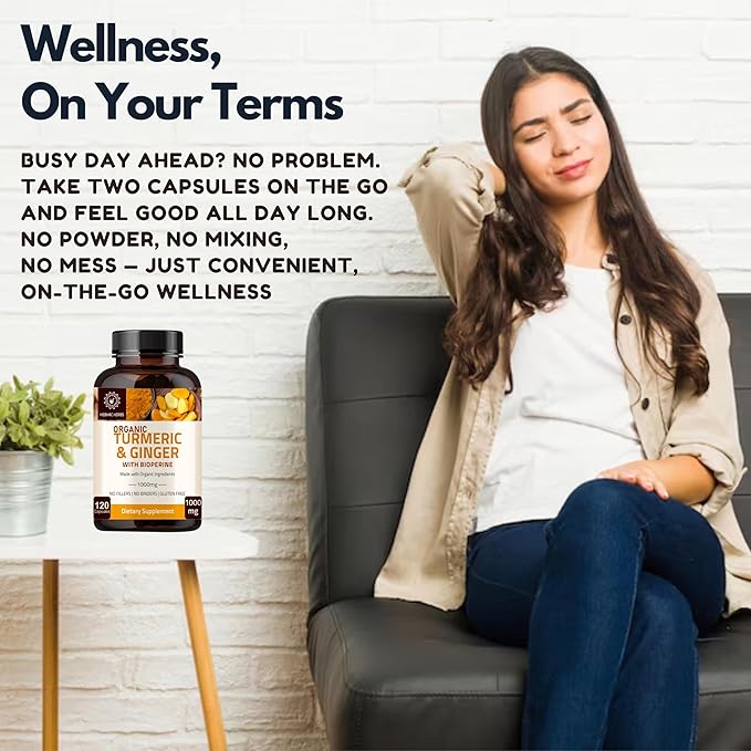 Turmeric Ginger with Black Pepper & Ginger 1000 mg 120 Capsules | Turmeric and Ginger Supplement with 95% Curcuminoids | Extra Strength Supplement| Joint Support Supplement | Non-GMO - 120 Capsules