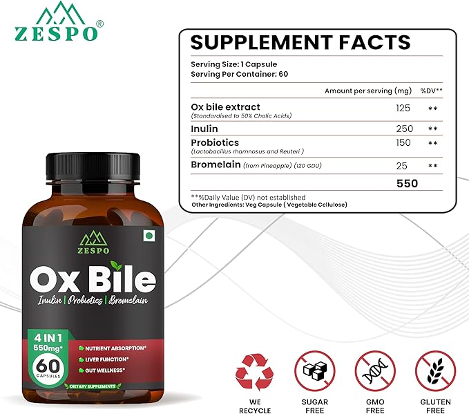 Ox Bile 550MG – Digestive Enzymes & Gut Health Support with Inulin, Probiotics & Bromelain – 60 Capsules