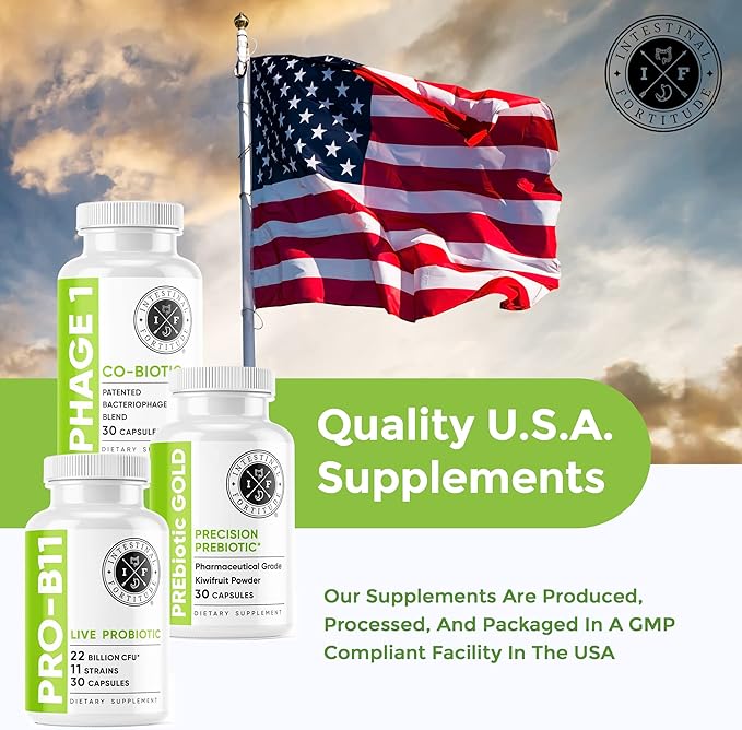 Intestinal Fortitude Gut Health Supplement Bundle - PREbiotic Gold, PRO-B11, Phage 1 - w/Gold Kiwifruit Pectin, SCFAs, and 22 Billion CFU for Microbiome Support, Gluten, Soy, & Dairy-Free Capsules