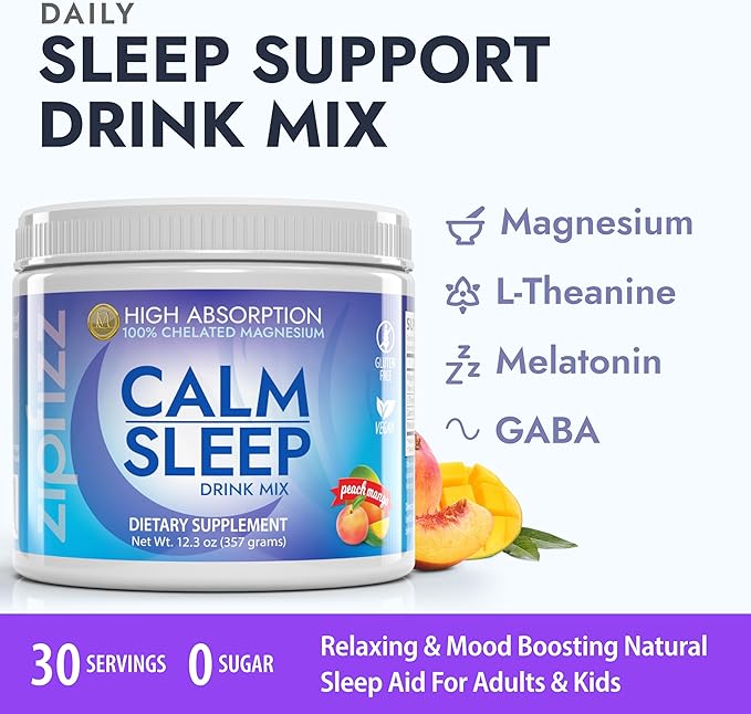 Zipfizz Nightly Calm & Sleep Supplement Powder, Peach Mango, 12.3 oz (30-60 Servings) | Natural Sleep Aid For Kids & Adults | Contains Magnesium, Melatonin, L-Theanine | Relaxation & Mood Enhancement