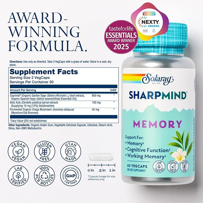 SOLARAY SharpMind Memory Formula - Brain Supplements for Memory and Focus - Cognivia, Gotu Kola & Chaga Mushroom Supplement - Ginkgo Biloba Alternative - 60-Day Guarantee - 30 Servings, 60 VegCaps