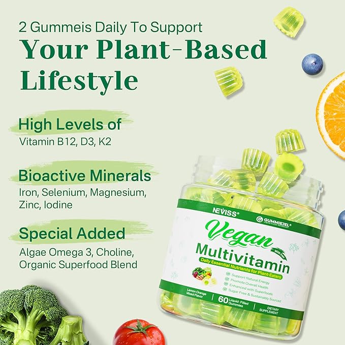 Vegan Omega 3 Gummies 1000mg with Vegan Multivitamin for Women Men with Iron, Vitamin B12, A, D3, K2, Algae Omega 3, Magnesium, Zinc
