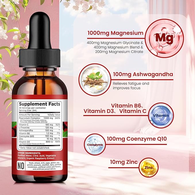 Triple Magnesium Complex Supplement, Magnesium Glycinate, threonate, Citrate Liquid Drops 1000mg with Ashwagandha, CoQ10, Vitamin B6, C, D, Zinc - Vegan Raspberry Flavor