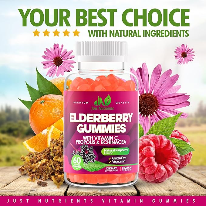 Elderberry Gummies with Vitamin C, Echinacea, Propolis (60 count) - Immune Support for Adults & Kids - Maximum Strength, Great Tasting Raspberry Flavor - Gluten-Free, Vegan - 60 Gummies