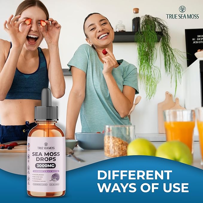 Irish Sea Moss Drops - 5X Stronger Than Sea Moss Gel - 92+ Essentials Minerals - with Black Elderberry, Burdock Root & Black Cumin - 2 Fl Oz (60ml) - Elderberry Flavor