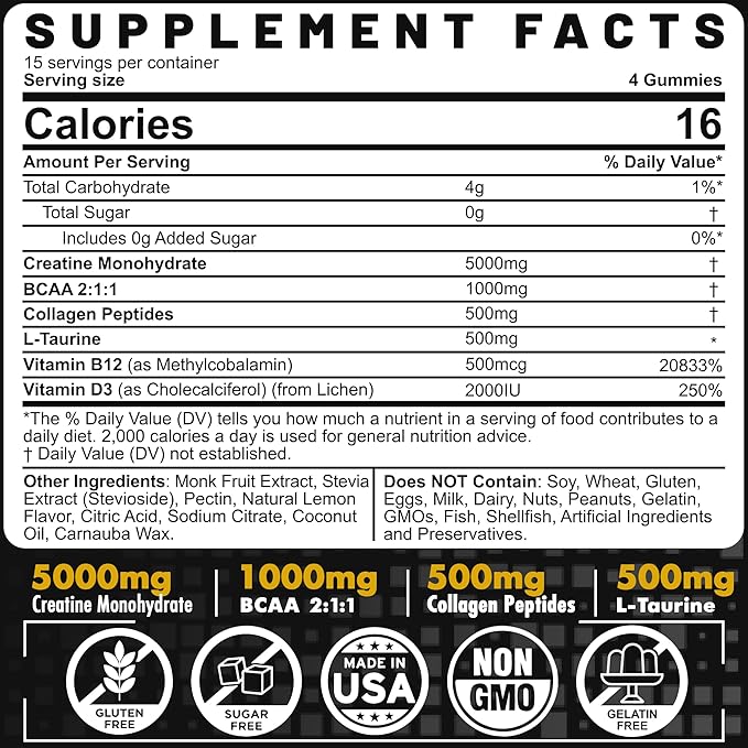 Creatine Monohydrate Gummies for Men & Women - with BCAA, Collagen Peptides, L-Taurine, Vitamin B12, D3, Creatine Monohydrate 5000mg (5g) Per Serving, Lemon Flavor, Sugar Free, 1 Pack
