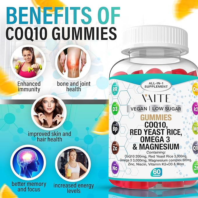 CoQ10 200mg Gummies with Red Yeast Rice & Magnesium Glycinate – Omega-3, Zinc, and Vitamin K2+D3 for Overall Health – Supplements for Adults – 60 Chewable Gummies