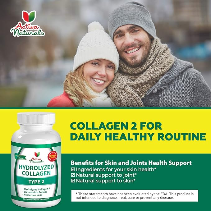 Collagen Type 2 Hydrolyzed Supplement with Chondroitin and Hyaluronic, for Healthy Hair, Skin, Nails, and Joints, No Fillers, Additives, and No Artificial Colors - 120 Vegetarian Capsules