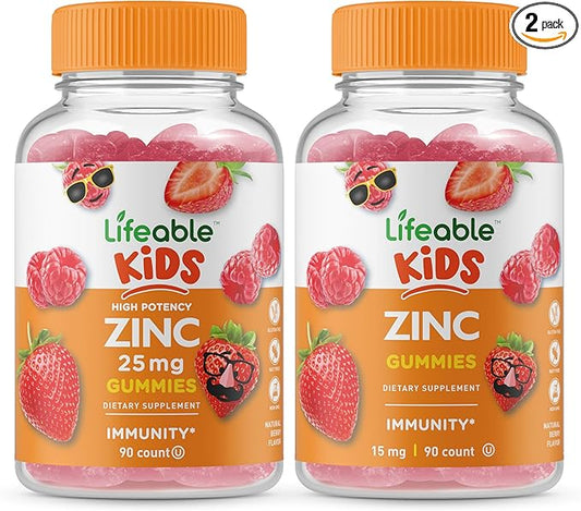 Lifeable Zinc 25mg Kids + Zinc Kids, Gummies Bundle - Great Tasting, Vitamin Supplement, Gluten Free, GMO Free, Chewable Gummy