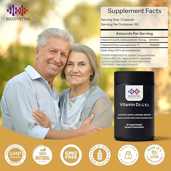 Vitamin D3 5,000 IU + Vitamin K2 (MK-7) 110 mcg Softgels – with Coconut Oil for Enhanced Absorption | Non-GMO, Easy-to-Swallow | Supports Bone and Immune Health | 60 Count
