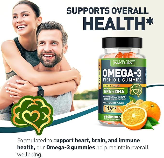 Omega 3 Fish Oil Gummies with EPA & DHA from Wild Fish - Triple Strength Omega 3 Fish Oil Gummy, Supports Healthy Heart, Brain & Immune System, Burpless & Natural - 60 Gummies, 30 Day Supply
