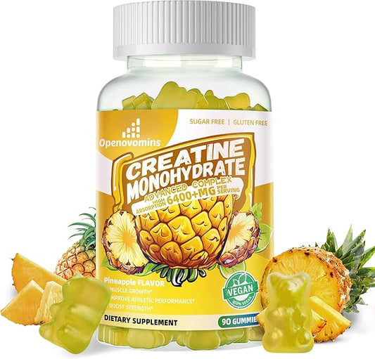 Creatine Monohydrate Gummies Complex for Men & Women -Advanced Formula W/L-Taurine + Vitamin B12, Sugar Free Chewable Supplement,90 Pineapple Gummies