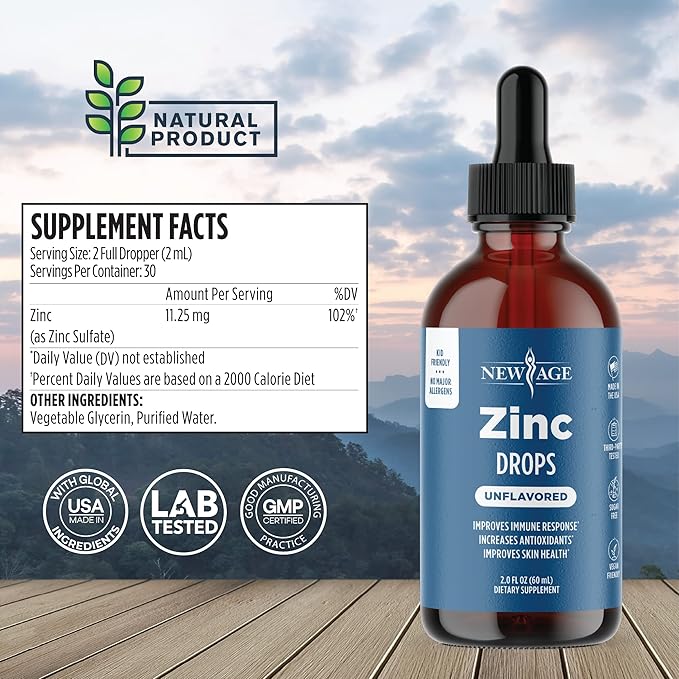 Liquid Zinc Drops for All Ages by NEW AGE - Zinc Sulfate for Immune Support, Vegan, Non-GMO & Gluten Free, 60 Day Supply, 2-Pack