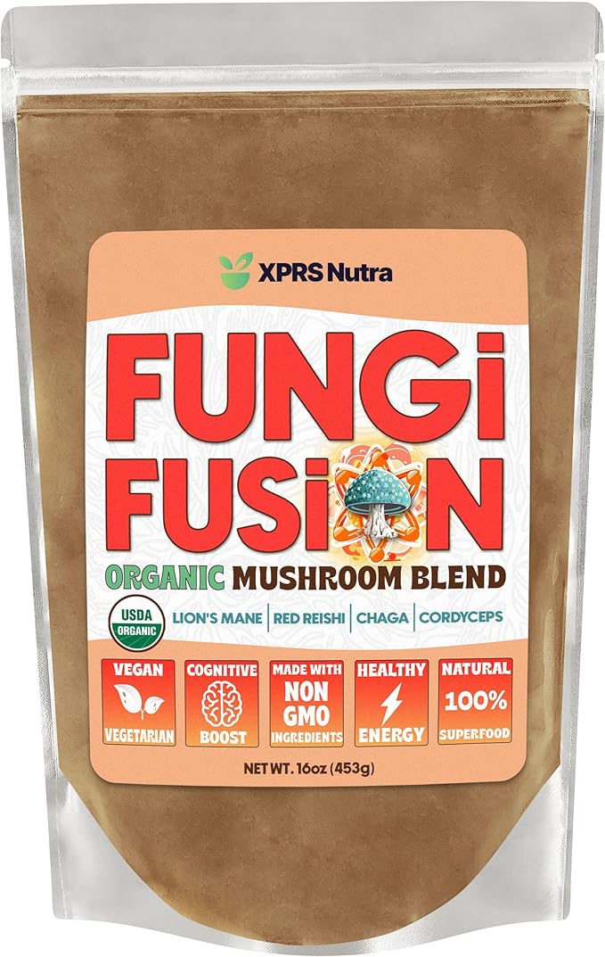 XPRS Nutra Fungi Fusion Organic Mushroom Powder Blend, Premium Blend of Lion's Mane, Reishi, Chaga, Cordyceps for Mental Clarity, Cognition, Energy and Immunity - 16 Ounce