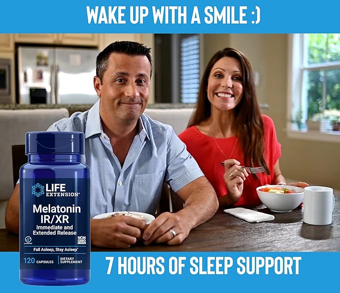 Life Extension Melatonin IR/XR, 120 Capsules (Pack of 2) - Immediate & Extended-Release for 7 Hours Support - Night Time Supplement - Stay Asleep All Night Long - Non-GMO, Gluten-Free