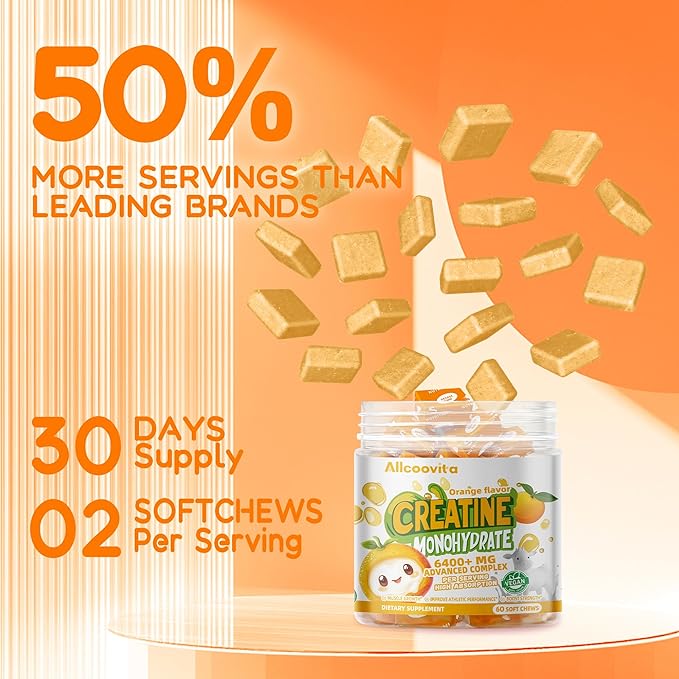 Creatine Monohydrate Chews Complex 6400mg for Men & Women -Advanced Formula W/L-Taurine + Vitamin B12, Sugar Free Chewable Supplement,60 Orange Softchews