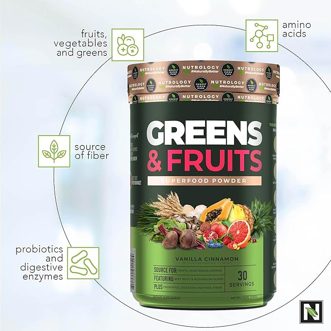 Nutrology Greens & Fruits Powder-Naturally Sourced Superfood, Vanilla Cinnamon (30 Servings) BCAA Natural, Plant Based BCAA Powder, Lemonade Flavor (30 Servings)
