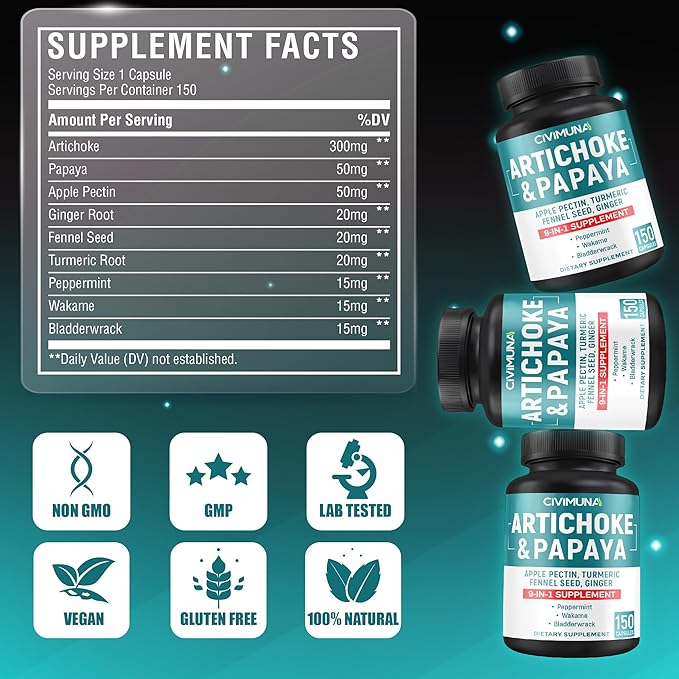 Artichoke Capsules with Artichoke, Papaya, Apple Pectin and More - 150 Capsules - for 5 Months Supply