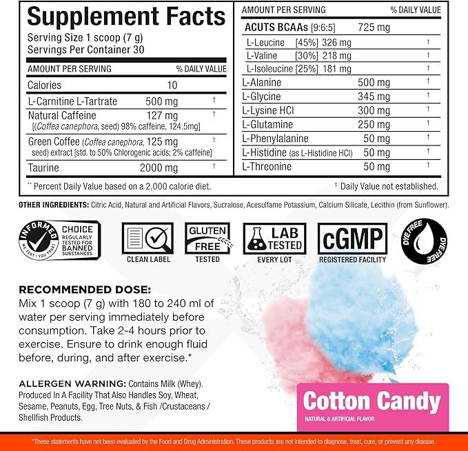 ALLMAX Nutrition AMINOCUTS (ACUTS), Amino-Charged Energy Drink with Taurine, L-Carnitine, Green Coffee Bean Extract, Cotton Candy, 30 Servings