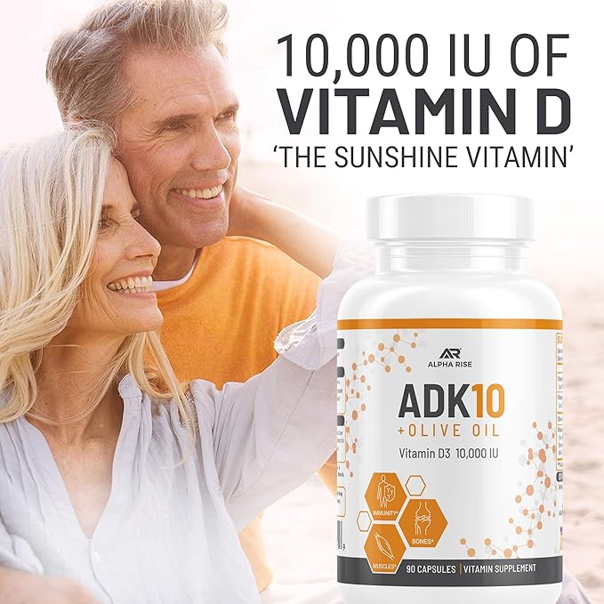 ADK 10 Vitamin Supplement + Olive Oil for Better Absorption - with Vitamins A + D3 (10,000 iu) + K2 (MK7+MK4) - 90 Capsules - Vegetarian - Non-GMO