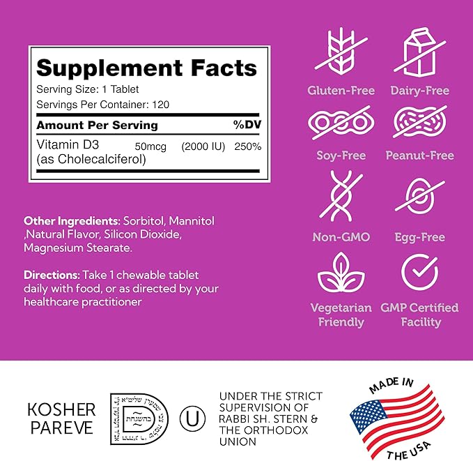 Zahler Chewable Vitamin D - Chewable Vitamin D3 2000IU (50 mcg) for Bone Health and Immune Health - Vegetarian Gluten Free Non-GMO Kosher for Adults (120 Count)