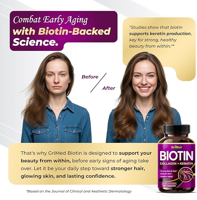 GriMed BIOTIN with Collagen + Keratin 7,275mg Strong Nails & Hair, Radiant Skin, Healthy Aging- USA Made & Tested (150 Count (Pack of 1))