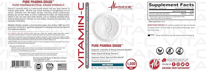 Metabolic Nutrition Vitamin C, 1000mg, Pure Pharma Grade, High Absorption Ascorbic Acid (100 g)