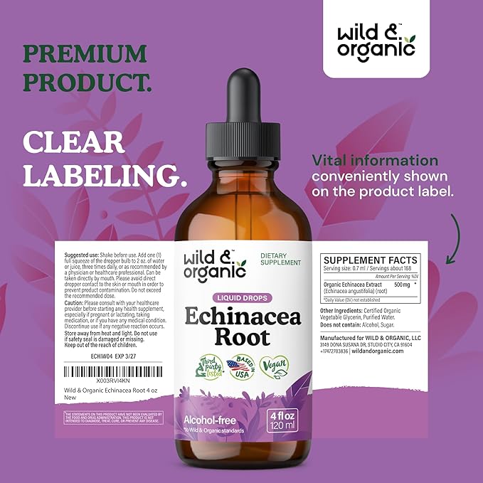 Wild & Organic Echinacea Drops - Immune Support Supplement with Echinacea Angustifolia - Liquid Root Extract Tincture - Vegan, Sugar & Alcohol-Free - 4 fl oz
