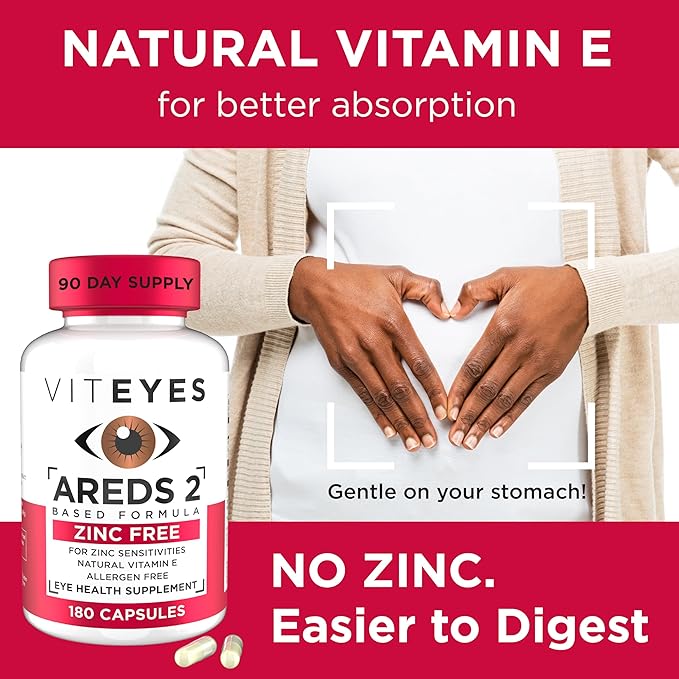 Viteyes AREDS 2 Zinc Free Macular Support, Natural Allergen Free Capsules with Vitamin E, Vitamin C, Lutein & Zeaxanthin, No Zinc, No Copper, Eye Doctor Trusted, Manufactured in The USA, 180 Ct