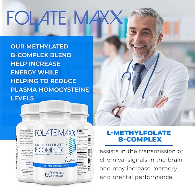 FolateMaxx L-Methylfolate + B12 Methylcobalamin & B6 Blend (7.5mg) - 60 Capsules - Active B-Complex with Cofactors & Essential Amino Acids - Non GMO, Gluten Free, No Fillers