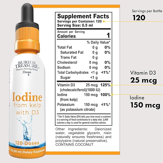 Buried Treasure Iodine Drops from Kelp - 2% Liquid Drops,120 Servings, 2 fl oz, Natural Thyroid & Immune Support, Vegan & Non GMO