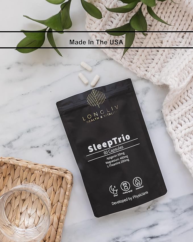 Sleep Trio - Made in USA Magnesium Apigenin L-Theanine Capsules – Premium 3-in-1 Cocktail for Sleep Management - Sleep Cocktail – Without Melatonin - 60 Capsules