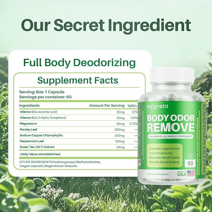 Body Deodorizing Supplement, Natural Internal Odor Control Pills for Men & Women, Chlorophyll Capsules for Skin, Breath, and Gut Health (180 Capsules)
