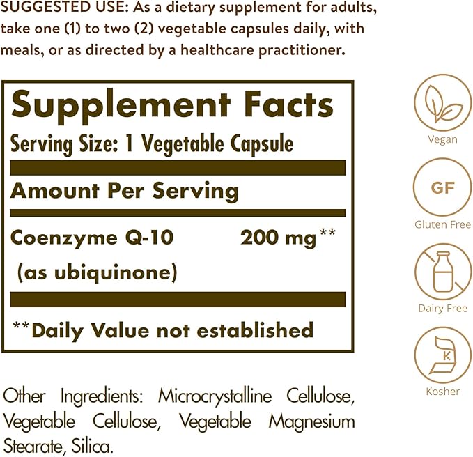 Solgar Vegetarian CoQ-10 200 mg, 60 Vegetable Capsules - Heart Healthy, Protective Antioxidant - Coenzyme Q10 (CoQ-10) Supplement - Vegan, Gluten Free, Dairy Free, Kosher - 60 Servings