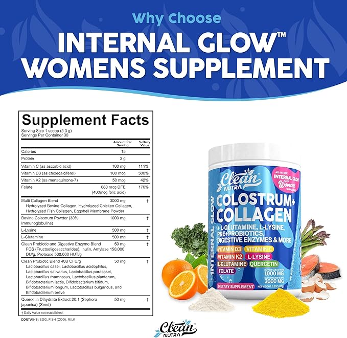 Bovine Colostrum+Collagen Peptides Powder| L-Glutamine L-Lysine Prebiotics Probiotics Digestive Enzymes Vitamin D K2 Vitamin C Quercetin & Folate|Gut Health Supplement Internal Glow By Clean Nutra (1)