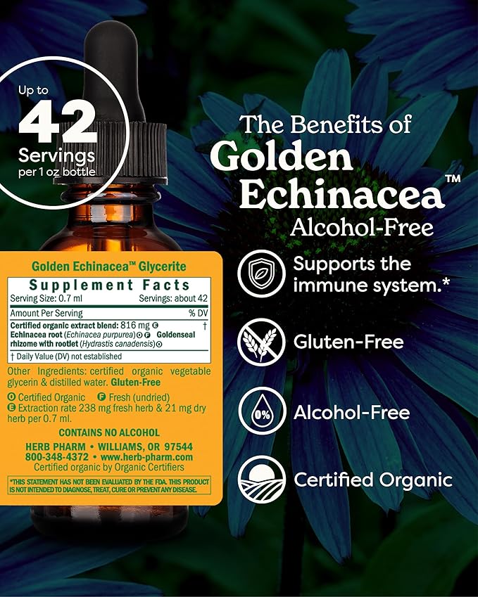 Herb Pharm Certified Organic Golden Echinacea Liquid Extract for Immune System Support - 1 Ounce (DGOLDEN01)