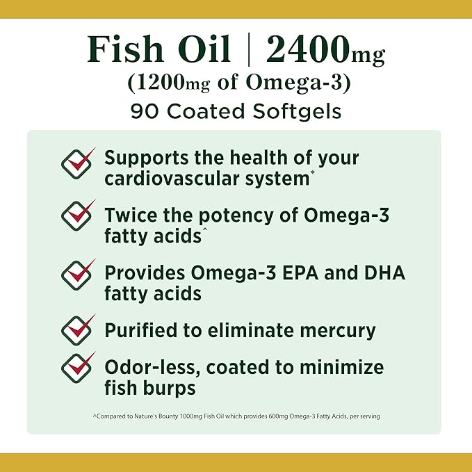 Nature's Bounty Fish Oil, Supports Heart Health, 2400mg, Coated Softgels, 90 Ct.