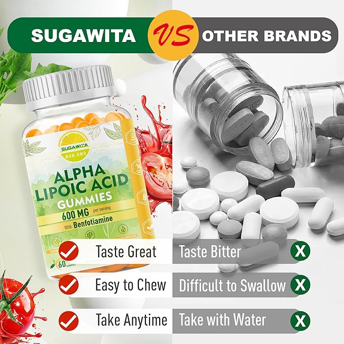 Alpha Lipoic Acid Gummies - Vegan, Sugar-Free,600 mg ALA Supplement - Pure ALA Alpha Lipoic Acid 600mg with Benfotiamine for Nerve Support, Antioxidant Support - 60 Counts