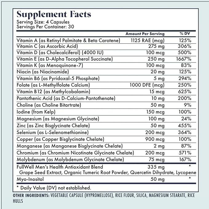 Men's Daily Multivitamin with Vitamin D, Antioxidants, Choline, and B Vitamins for Optimal Sperm Quality, Hormone Health, and Overall Male Fertility, 3rd Party Tested, 30 Servings