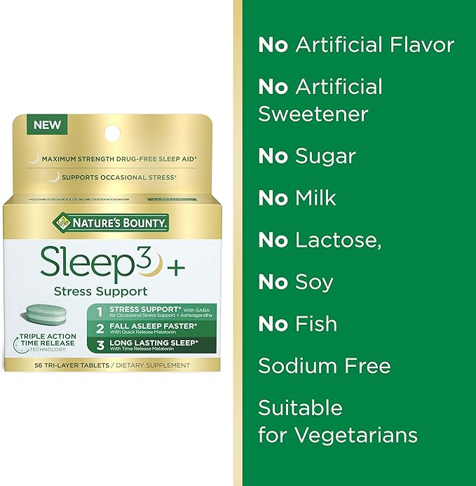 Nature's Bounty Stress Support Melatonin by Sleep3, 10mg, Tri-Layered Tablets, 56 Count